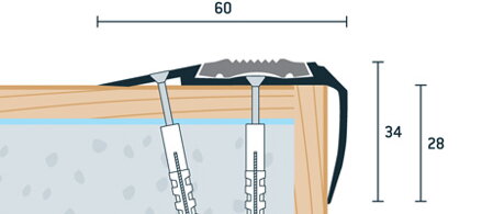 Schodová hrana 2x vŕtaná s PVC vložkou 60x34 (250cm)