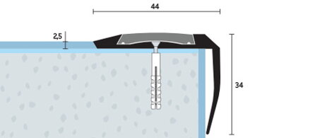 Schodová hrana 2x vŕtaná s čiernou PVC vložkou 42x23 (270cm)